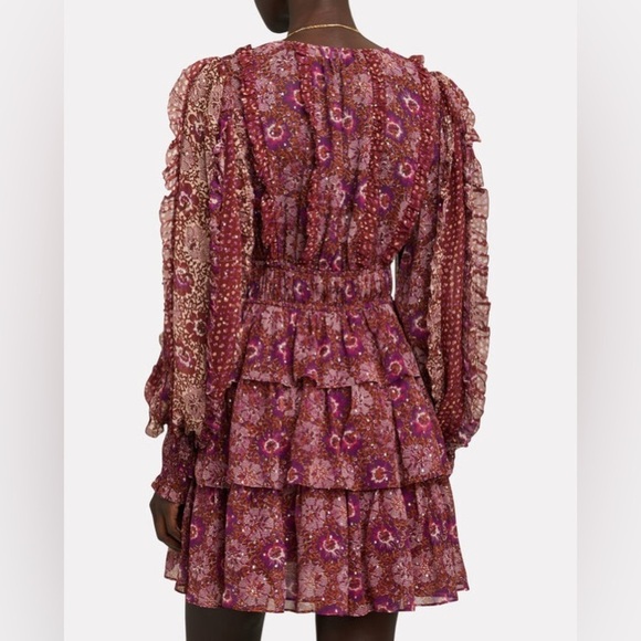 ULLA JOHNSON Brisa Printed Ruffle Mini Dress Claret Patchwork Silk Boho Women 2 - Picture 3 of 15